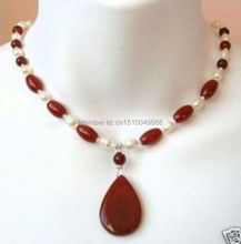 FREE SHIPPING>>Beautiful white pearl and Red  pendant necklace 18" 2024 - buy cheap