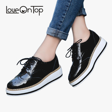 Loveontop-sapatos oxford femininos de couro, rasteirinha casual com plataforma e cadarço, bico redondo 2024 - compre barato