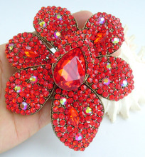 4.33" Gorgeous Teardrop Flower Brooch Pin Pendant Red Rhinestone Crystal EE04043C8 2024 - buy cheap