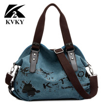 KVKY Vintage Canvas Bag Large Capacity Women Travel Totes Ladies Casual Crossbody Printed Shopping Bags High Quality Canvas Bags 2024 - buy cheap