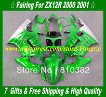 Комплект обтекателей под давлением для KAWASAKI Ninja ZX12R 00 01 ZX 12R 2000 2001 ZX-12R 12R Обтекатели с зеленым пламенем белого цвета HJ20 2024 - купить недорого