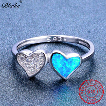 Blaike charming azul fogo opala duplo coração anéis para mulher 100% genuíno s925 prata esterlina branco zircão birthstone anel presentes 2024 - compre barato