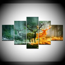 Canvas Painting Snow deer fire deer in forest 5 Pieces Wall Art Painting Modular Wallpapers Poster Print living room Home Decor 2024 - buy cheap