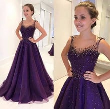 Vestido de noite muçulmano roxo, linha a, tule com contas, elegante, islâmico, dubai, saudita, vestido longo de noite, vestido de baile 2024 - compre barato