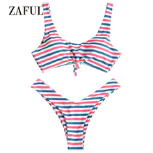 ZAFUL-Bikini a rayas para mujer, de corte alto traje de baño, Sexy, de cintura baja, con cuello redondo, acolchado, Tanga, Biuqni 2024 - compra barato