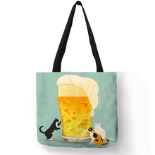 Cartoon Printed Shoulder Bag Adorable Cat Beer Yellow Printing Hand Bags Eco Linen Shopping Travel Beach Casual Tote Bag 2024 - buy cheap