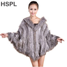 HSPL Wholesale Ladies Large Rabbit Fur Poncho With Hood With Raccoon Dog Fur Trim 2024 - buy cheap