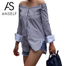 Anself Sexy Off the Shoulder Top Women White Blue Striped Shirt Female 2020 New Cotton Long Sleeve Female Blouse Top Dark Blue 2024 - buy cheap