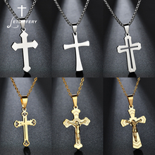 Letvariy pingente de cruz de aço inoxidável, colar masculino e feminino simples de cristal dourado de jesus, joias católicas atacado 2024 - compre barato