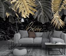 Papel tapiz de hoja de planta dorada de lujo, Mural con fondo negro, lona impermeable HD, pintado a mano, rollos de papel tapiz personalizados 2024 - compra barato