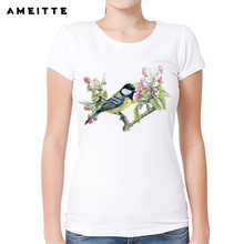 2019 AMEITTE Tit and Apple Blossom T-Shirt Women's/Ladies Trendy Bird Printed T Shirt Summer Female Short Sleeve Tee Tops 2024 - buy cheap