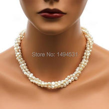 Wholesale Pearl Jewelry - 3 Strands White Color Baroque Genuine Freshwater Pearl Necklace Earrings - Handmade Jewelry Set 2024 - buy cheap