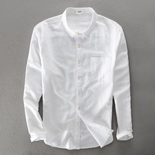Camisa masculina de manga longa de algodão linho, camisa confortável de marca para homens com gola quadrada, camisa branca e slim, camisas casuais masculinas 3xl 2024 - compre barato