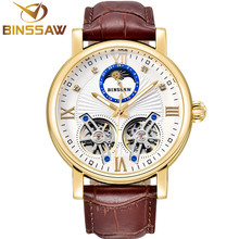 Binssaw-relógio de pulso masculino, mecânico, de couro, automático, modelo duplo, esportivo 2024 - compre barato