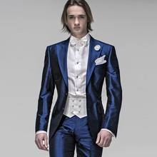Shinny Italian Navy Blue Satin Men Suits Slim Fit Formal Gentlemen Wedding Suits for Men Tuxedos Blazer 2 Pieces (JACKET+PANTS) 2024 - buy cheap