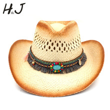 De las mujeres de la moda Sombrero de cowboy del oeste con borla cinta tejido hecho a mano mujer Playa Sol Sombrero de vaquera tamaño 58CM 2024 - compra barato