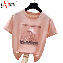 Camiseta feminina gkfnmt verão 2021, camiseta fashion estampada branca de algodão, casual harajuku, femme rosa, top solto 2024 - compre barato