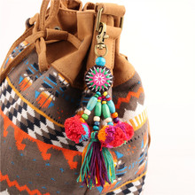 1pc Boho Style Flower Charms Wooden Beads With Pom Pom Keychain Colorful Tassel Key Ring Pendant Jewelry 2024 - buy cheap