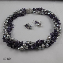 Новое поступление жемчужный ювелирный набор для женщин Фиолетовый аметист серый пресноводный жемчуг ожерелье серьги магнит горного хрусталя застежка 2024 - купить недорого