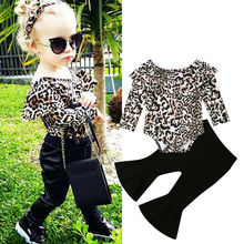 Citgeett Summer 2PCS Toddler Baby Girl Autumn Clothes Leopard Long Sleeves Romper Tops+Long Flare Pants Spring Outfits Set 2024 - buy cheap