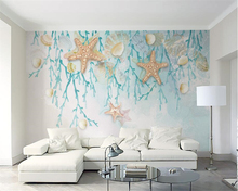 Beibehang Custom wallpaper mural blue shells starfish coral watercolor 3d stereo TV background wall wallpaper for living room 2024 - buy cheap