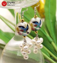 Qingmos Natural Pearl Earrings for Women with 6-7mm White Pearl & 18mm White Dangle Cloisonne Earrings for Women Jewelry ear588 2024 - buy cheap