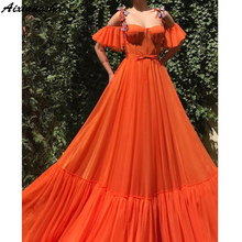 Orange Muslim Evening Dresses A-Line Flowers Spaghetti Straps Islamic Dubai Saudi Arabic Long Evening Gown Prom Dress 2024 - buy cheap