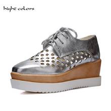 hight colors Women Pumps Summer Square Toe Casual Platform Wedges Female Lace Up Shoes Cutout Gold Black White Pink HC-116 2024 - buy cheap