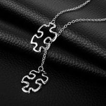 Vintage Casual Silver Plated Autism Jewelry Awareness Jigsaw Double Puzzle Piece Pendant Adjustable Cross Lariat Necklace Gifts 2024 - compre barato