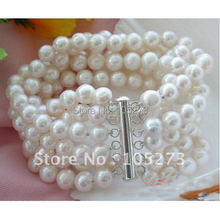 6Rows AA 7-8MM White Color Round Freshwater Cultured Pearl Bracelet 8'inchs White Magnet Clasp Wholesale Free Shipping FN1971 2024 - buy cheap