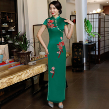 Vestido maxi feminino verde, longo, estilo chinês, qipao, slim, para festas, vestido de botão, plus size 2024 - compre barato