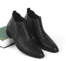 Botas de couro genuíno masculinas, sapatos de cano alto ponta fina, tira elástica preta, salto médio, botas pretas para homens 2024 - compre barato