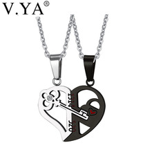 V.Ya Romantic Her & His Love Necklace Set Couples Heart Key Crystal Lover Pendant Valentine Stainless Steel 24" Chain Drop Ship 2024 - buy cheap
