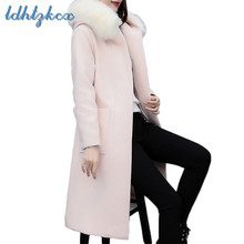 Зимнее пальто для женщин, черное, большие размеры, с большим меховым воротником, с капюшоном, шерстяное пальто 2018, новое корейское длинное приталенное пальто с регулируемой талией и бантом, LD693 2024 - купить недорого