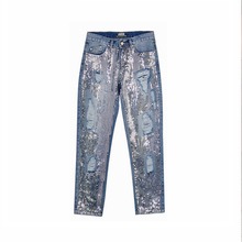 Pantalones vaqueros desgastados con lentejuelas para mujer, jeans rasgados para damas, moda de otoño, de talla grande 2024 - compra barato