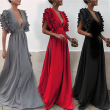 2022 Autumn Pure Color Vents Long Dress Women Elegant Plus Size Deep V-Neck Ruffles Sleeveless Bridesmaid Prom Long Dresses 2024 - buy cheap