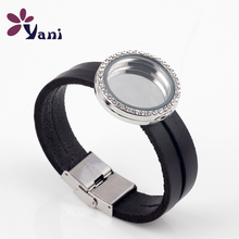 1Pc Classic Crystal Round Glass Memory Locket Bracelet Black Leather Bangle Handmade Women Men Party Gift  DIY Jewelry 2024 - buy cheap