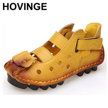 HOVINGE HOT 2018 Handmade Cut-outs Genuine Leather Shoes Women Personality Casual Women Sandals Tunnel Vintage Summer Sandals 2024 - buy cheap