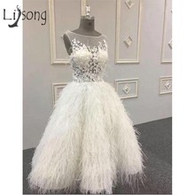 Vestido luxuoso arábico com penas brancas, vestido de baile 2019, ilusão, tutu 3d, flor, comprimento do tornozelo, vestido formal 2024 - compre barato