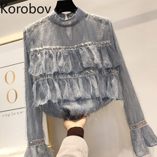 Korobov Sequined Ruffles Patchwork Korean Female Blouse Elegant Stand Collar Long Sleeve Shirts Women Tassel Blusas Mujer 77415 2024 - buy cheap