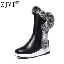 ZJVI 2021 Women Sexy Fur Mid Calf Boots Womens Winter Autumn Snow Boots Sexy Woman Black Autumn White Flats Ladies Flat Shoes 2024 - buy cheap