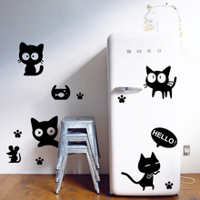 Милый черный стикер на стену с кошкой, украшение на холодильник, спальню, гостиную, с животными 2024 - купить недорого