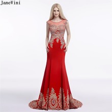 JaneVini Gorgeous Red Mermaid Bridesmaid Dresses Scoop Neck Gold Lace Applique Beaded Sheer Back Satin Arabic Formal Party Gowns 2024 - buy cheap