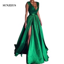 Emerald Green Evening Dresses A-line V Neck Lace Bodice Long Satin Formal Gowns Elegant Women Split Side Party Dress 2024 - buy cheap