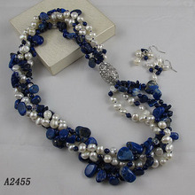 Новое поступление жемчужный ювелирный набор для женщин синий Lapis белый пресноводный жемчуг ожерелье серьги магнит горного хрусталя застежка 2024 - купить недорого