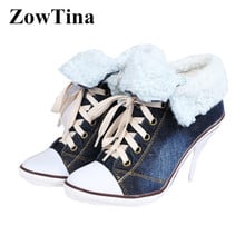 Blue Denim Women Warm Ankle Boots Winter Short Botines Mujer 2018 Lace Up High Heels Cowgirls Botas Femininos Pumps Ladies Shoes 2024 - buy cheap