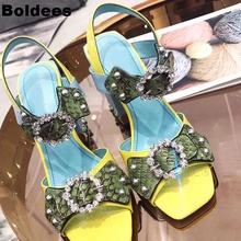 Fashion Snakeskin Patter Color Patchwork Blocked Heeled Ankle Wrap Crystal Buckle High Heel Open Toe Sandals Women 2024 - buy cheap