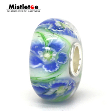 Mistletoe 925 Sterling Silver White With Blue With 3D Cherry Blossoms Flower Murano Glass Charm Bead European Jewelry 2024 - buy cheap