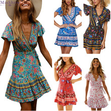 MisShow Printed Summer Beach Dress Women Short Sexy Bohemian Floral Tunic Beach Dress Sundress Short Sleeve Women Dresses 2024 - buy cheap
