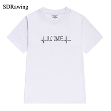 Camiseta de algodón con estampado de corazón y línea de dibujo para mujer, ropa con estampado de corazón, camisetas Hipster Tumblr de talla grande 2024 - compra barato